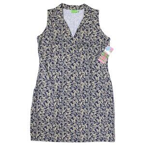 NWT Katherine Way Navy Blue Gold Floral Dress UPF 50+ Stretch Made USA Women 2XL